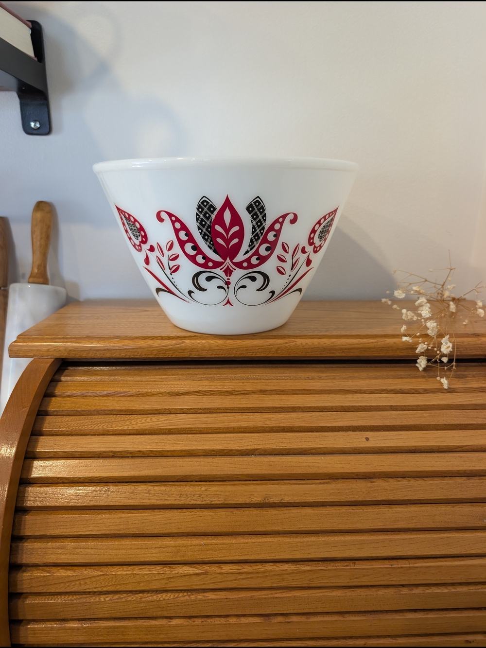 Vintage Fire‑King “Red & Black Paisley” Mixing Bowl – Made in USA